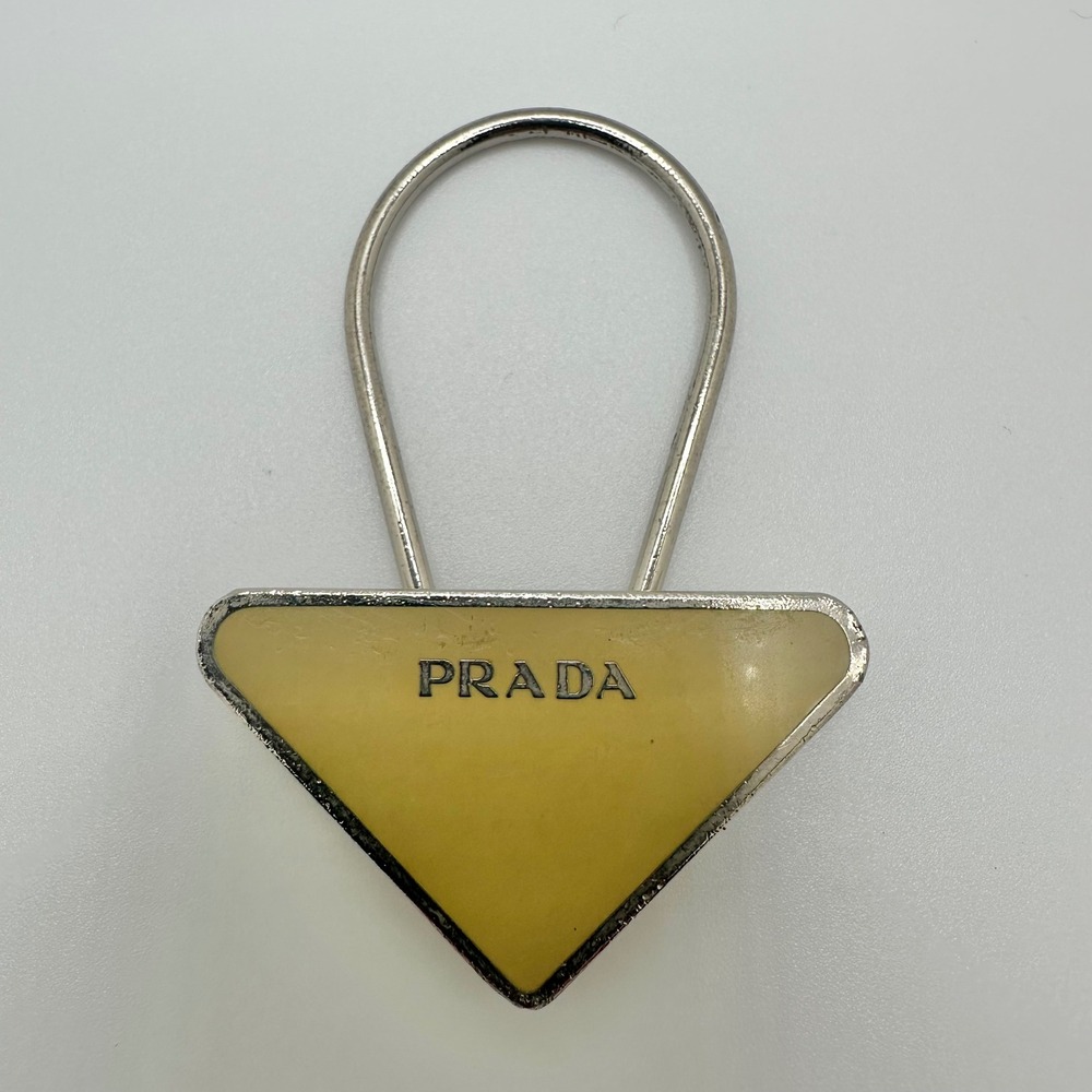 Authentic Prada Triangle Logo Key Ring Keychain Yellow Enamel Silver Tone